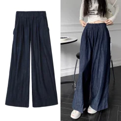 Quần Ống Rộng Cạp Cao Co Giãn – Quần Bò Ống Suông Thời Trang Nữ Siêu Thoải Mái