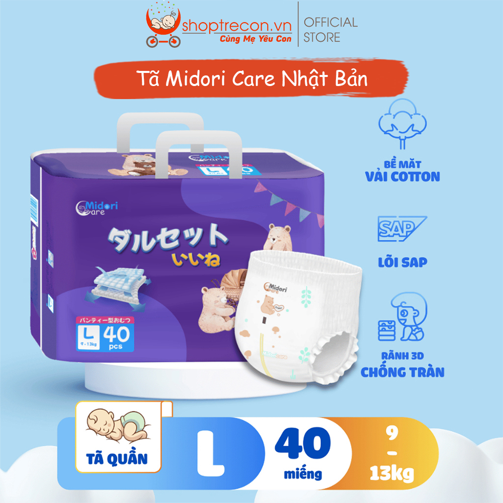 Tã - Bỉm Quần Midori Care Size L Số Lượng 40 Miếng Cho Bé Từ 9 -13Kg